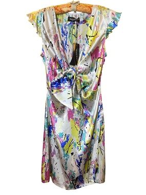 Adele Fado Italy 94% Silk Abstract Pop Art Tie Front Dress 40 NWT 4